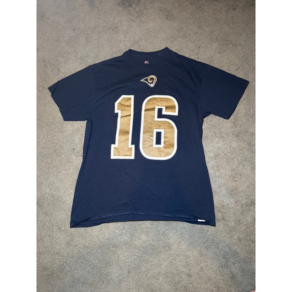 Majestic Los Angeles Rams Jared Goff 16 Shirt Mens Medium Navy Blue Gold NFL Tee